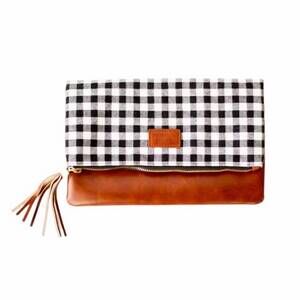 NEW FUNKY MONKEY fold over buffalo check clutch in black/white/brown